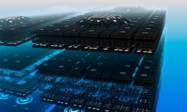 A futuristic depiction of a smart city with various infrastructure components (power grid, water system, transportation network) interconnected by digital networks, showing cybersecurity threats as red icons attacking different points.