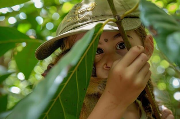 A vibrant image of a ranger-led educational program where children are learning about native plants and animal tracking within a national park, demonstrating the act's emphasis on environmental education.
