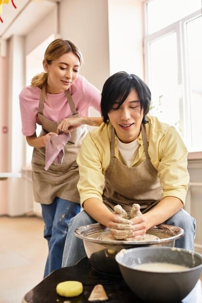 Enthusiastic K-drama fans are participating in a Korean cooking class, learning to make traditional dishes like kimchi and bibimbap. The scene is lively with fans following instructions, laughing together, and proudly displaying their finished creations.