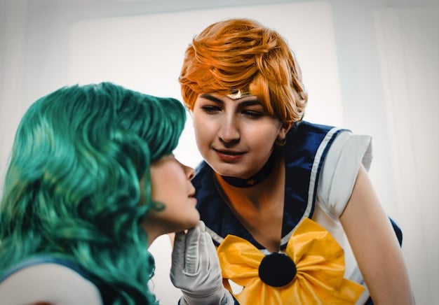A close-up shot of two cosplayers interacting at an anime convention. One cosplayer is dressed as a popular character from a recent anime series, while the other is taking their picture. The focus is on the community and social aspect of the convention.