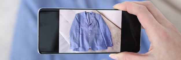 A split-screen photo showing a regular thrift-store item (like a plain blue jacket) on one side, and its transformed version as part of a cosplay (perhaps a character from an anime or game) on the other side.