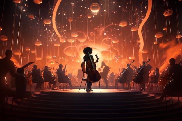 A concert scene of an anime-themed orchestral performance, showcasing musicians playing iconic anime soundtracks to a large and enthusiastic audience, highlighting the crossover between anime and music.