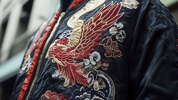 A close-up shot of a detailed anime-inspired jacket, showcasing intricate embroidery of a popular anime character on the back. The jacket is displayed in a retail setting, highlighting the quality and craftsmanship of anime-themed apparel.