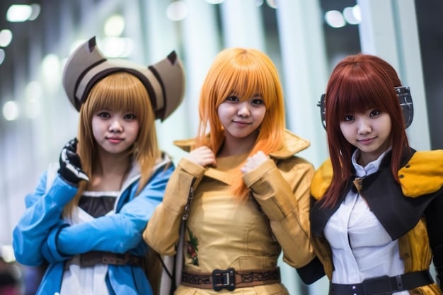 A group of anime fans dressed in cosplay, standing in front of a famous anime location, such as the Torii gates in Kyoto or Akihabara in Tokyo. The fans are smiling and holding anime merchandise, showcasing their enthusiasm for the series.