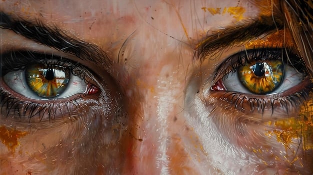 A close-up of a canvas painting that combines elements of Western portraiture with anime-style eyes and hair. The painting utilizes bold colors and a mix of traditional and digital painting techniques.