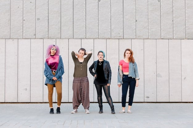 Several young people with different gender identities wearing gender neutral clothes posing in an urban fashion concept shoot.