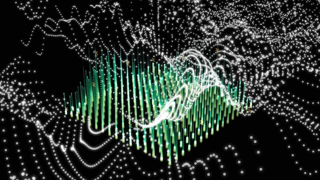 An AI interface showing waveforms and complex algorithms, with virtual idols' images subtly incorporated into the design. The interface glows with a futuristic, technological aesthetic, highlighting AI's role in music creation.
