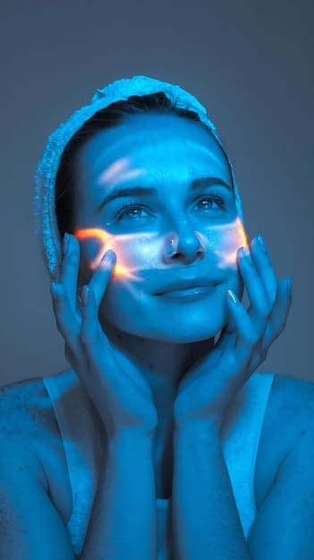 A woman with clear, glowing skin demonstrating the double cleansing method in a brightly lit bathroom. She is gently massaging cleansing oil onto her face, with a variety of K-beauty skincare products visible in the background.