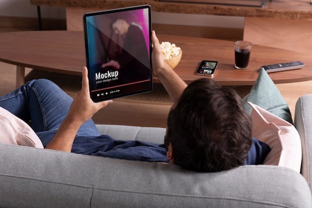 A person sitting on a couch with a tablet, selecting a K-drama to watch from a streaming platform, with multiple K-drama posters visible on the screen.