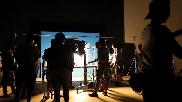 A behind-the-scenes photograph of a K-drama production set, featuring the director and crew members overseeing a scene with actors dressed in character, capturing the atmosphere of a webtoon adaptation in progress.
