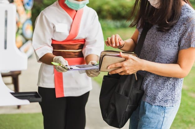 An anime convention volunteer wearing a staff badge, helping attendees with directions and information, with a friendly and approachable demeanor.