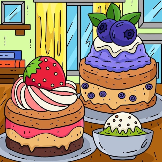 A colorful anime-themed dessert, such as a parfait or cake slice, sitting on a table in an anime cafe setting.
