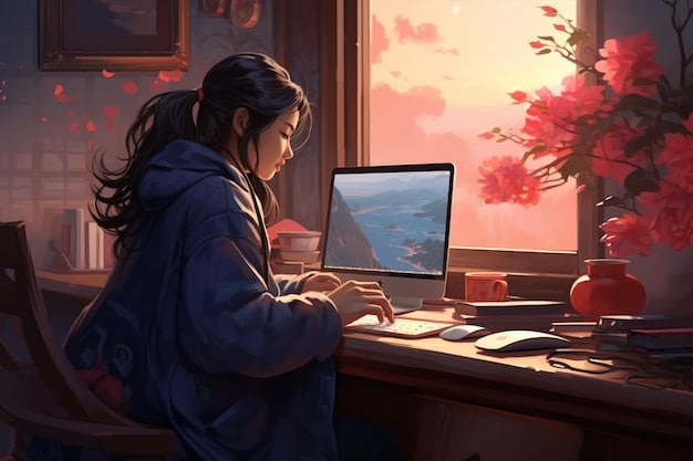 A split-screen image. On one side, a young woman is watching anime on her laptop, tears in her eyes. The scene on the screen depicts a character overcoming a personal challenge. On the other side, the young woman is smiling, feeling a sense of hope and connection with the character.