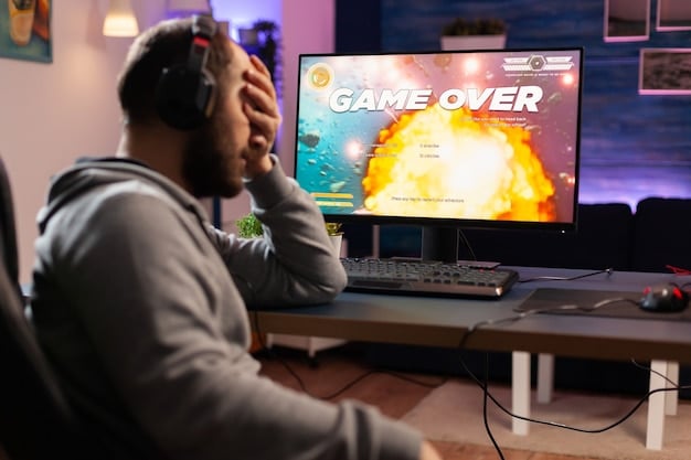 A gamer intensely focused on playing Dragon Ball FighterZ on a large monitor, with a detailed control setup including fight stick and custom buttons. The room is illuminated by the glow of the screen and ambient LED lighting, emphasizing the immersive experience of competitive fighting games.
