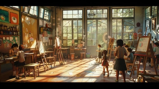A group of elementary school students are drawing anime-style characters during an art class. The teacher is providing guidance and encouragement, fostering creativity and self-expression using anime as a visual inspiration.