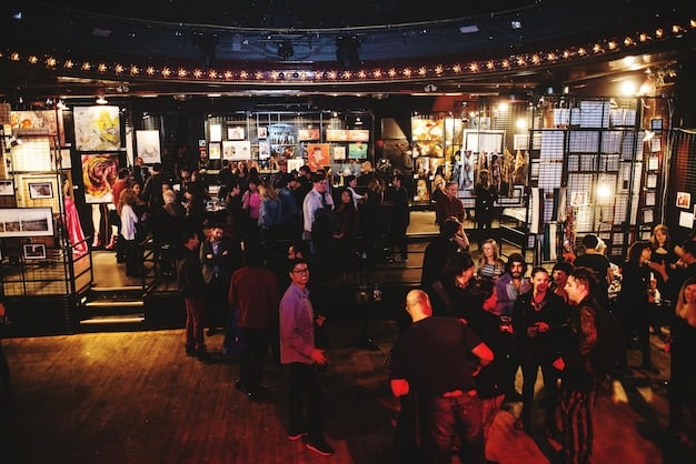 A wide shot of an anime film festival venue, showing a large crowd of attendees, cosplay displays, and vendor booths. The image captures the bustling energy of the event.