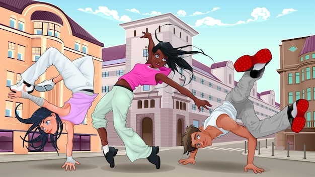 A split-screen image. On one side, a group of diverse individuals enthusiastically participating in a dance challenge. On the other side, a simplified graphic illustrating the core steps of the dance.