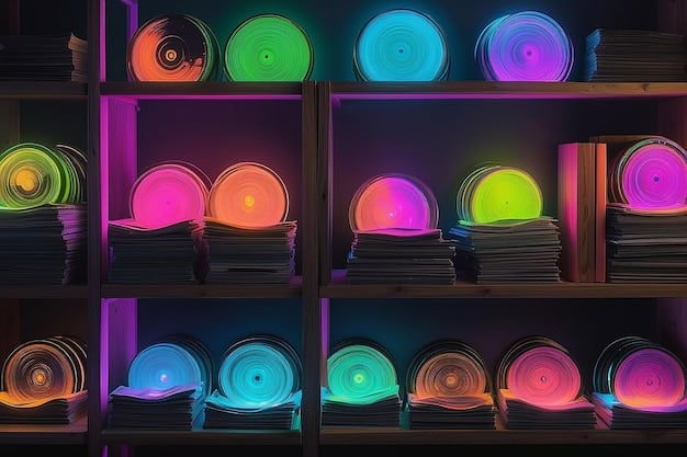 A shelf filled with colorful vinyl records in their sleeves. The records are organized alphabetically, and the shelf is well-lit, highlighting the vibrant colors and artwork of the album covers.