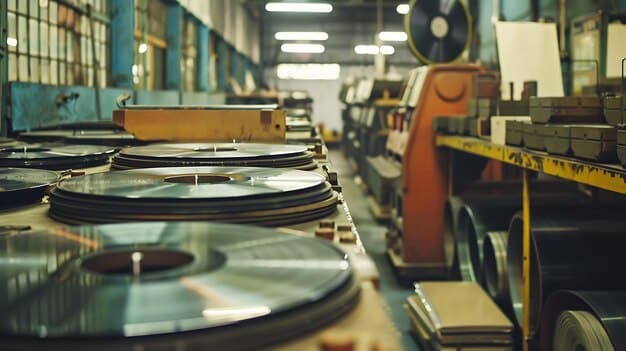 Inside a vinyl record pressing plant. Machines are pressing vinyl records, and workers are inspecting the records for quality control. The scene is busy and industrial.