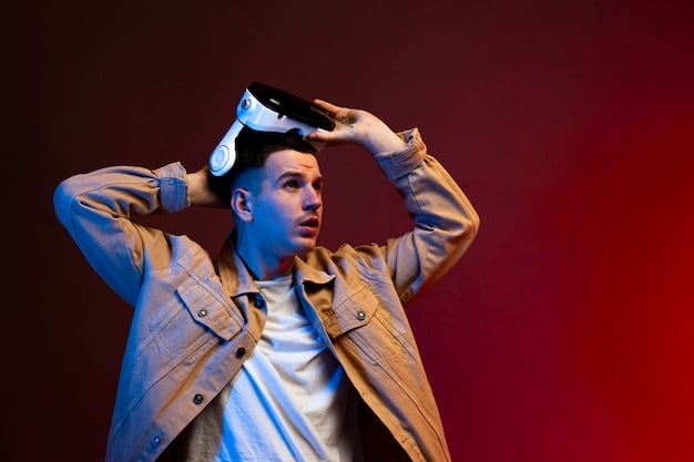 A close-up shot of a person wearing VR goggles, fully immersed in a virtual concert experience. The lighting is soft, emphasizing the digital glow reflecting on their face. The background is blurred, suggesting a focus on the individual's engagement with the virtual environment.