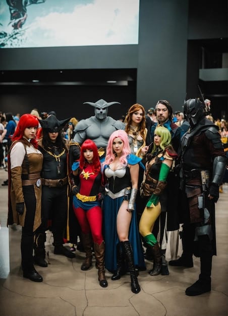A photograph of attendees at San Diego Comic-Con, showcasing a variety of elaborate and creative cosplay costumes. The costumes are diverse, ranging from superheroes to anime characters.