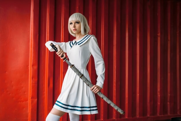 A cosplayer performing a dynamic pose on stage during a cosplay competition. The costume is highly detailed and visually striking.