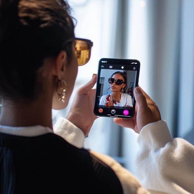An influencer holding up a product with a clear 