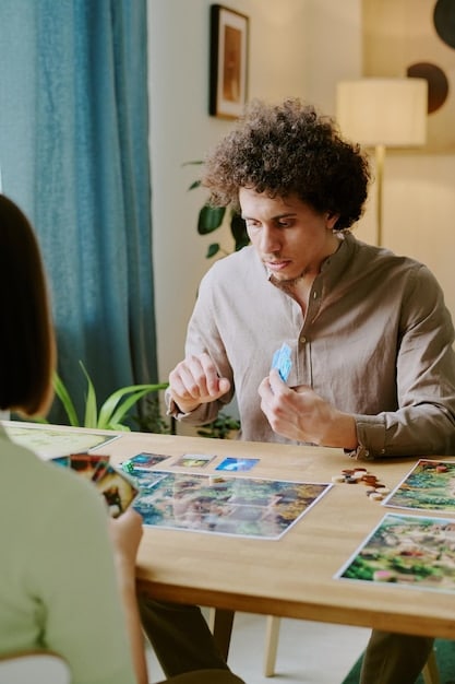A focused individual deeply engrossed in playing a strategy-based board game. The scene highlights the mental effort and concentration required, showcasing the cognitive benefits of board games.