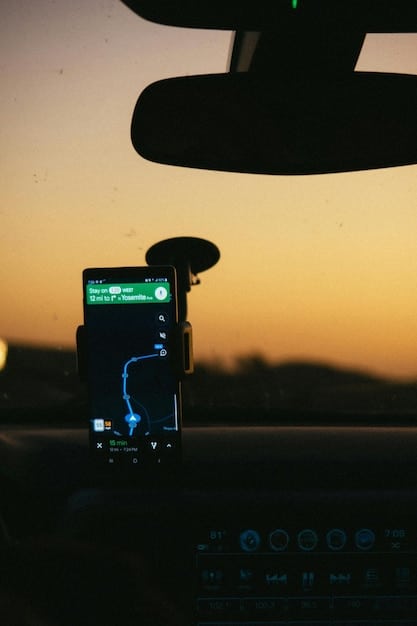 A modern car dashboard displaying a classic rock playlist on a streaming app, with album art from iconic bands visible on the screen. The car is parked with a scenic landscape visible through the windshield.