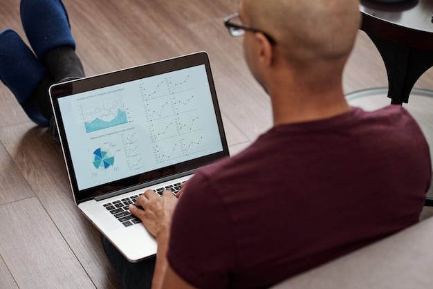 A close-up shot of a person analyzing data charts and graphs on a computer screen, with sticky notes and research papers surrounding the monitor, highlighting the process of data-driven decision making.