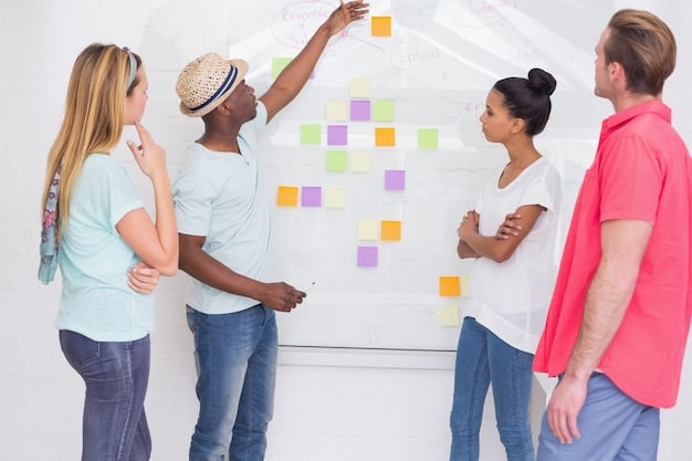 A diverse group of people brainstorming in a modern office, using sticky notes and whiteboards to map out complex relationships and solutions for uncategorized problems.