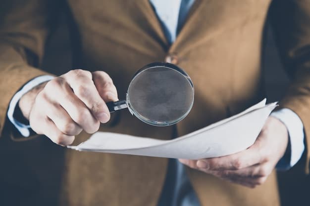 A close-up of a legal document being reviewed with a magnifying glass.