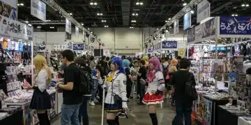 Dynamic anime convention scene with cosplayers and merchandise booths