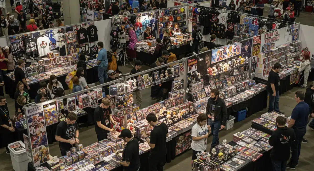 Anime convention vendor booths with diverse merchandise selection