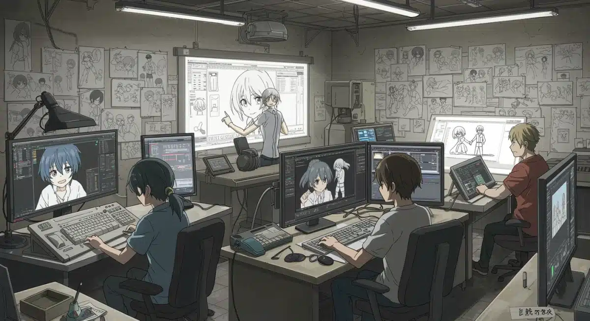 Animators working diligently in a modern anime production studio environment