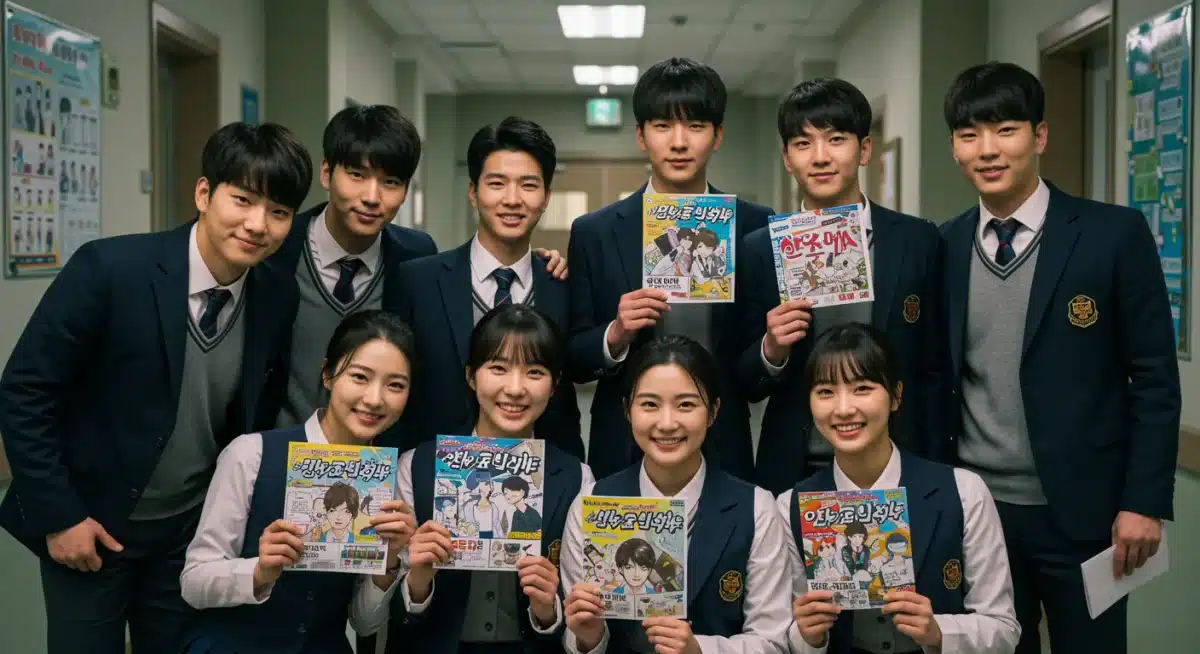 Young K-drama actors in school uniforms holding webtoons, on set for an adaptation