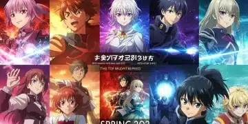 Dynamic collage of anticipated Spring 2025 anime series characters and scenes