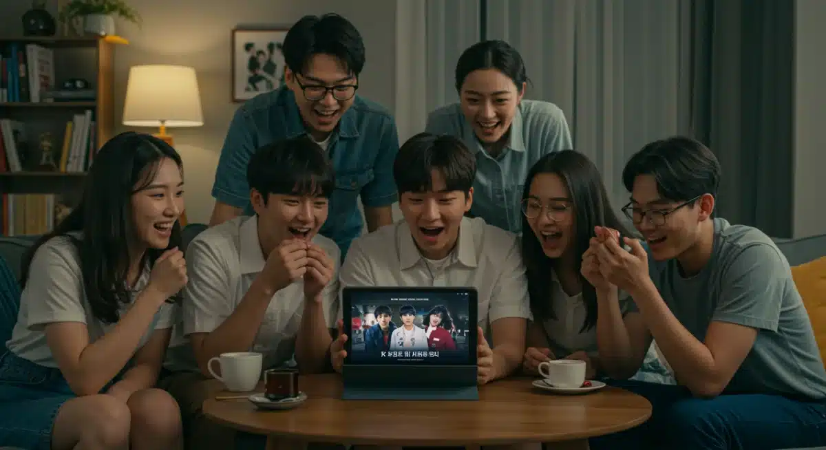 Friends watching a K-drama trailer together on a tablet, symbolizing the shared excitement for new K-drama releases.