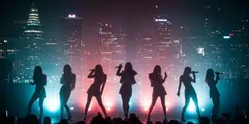 Dynamic K-Pop idols performing on stage with U.S. cityscape backdrop, symbolizing global music impact.