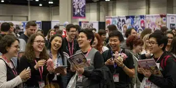 Diverse anime fans interacting at a lively local meetup event, showcasing community