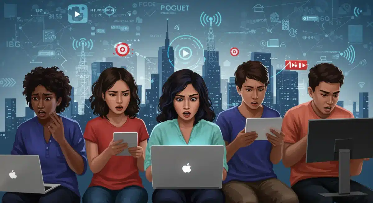 Diverse US consumers experiencing varied streaming quality on devices, illustrating the real-world impact of internet regulations.