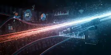 Illustration of data streams and network infrastructure representing internet bandwidth allocation and streaming quality.