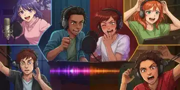 Four diverse emerging anime voice actors in a modern recording studio, with microphones and anime-inspired visuals.