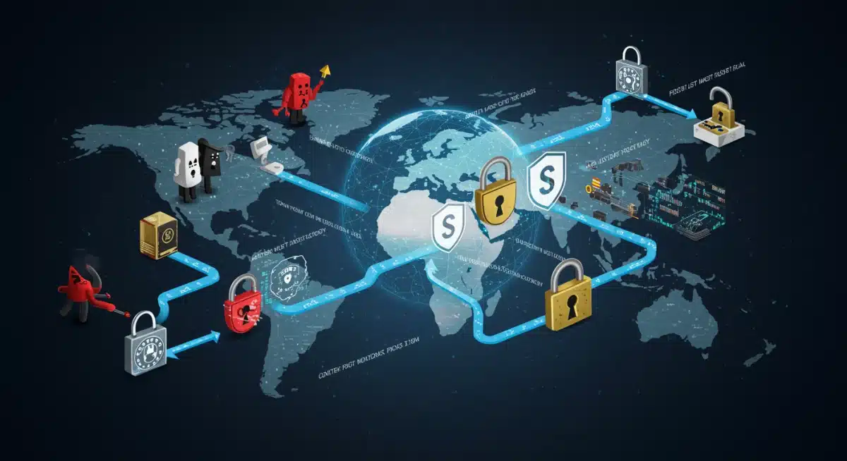 Global network showing secure and pirated content streams with legal enforcement symbols.