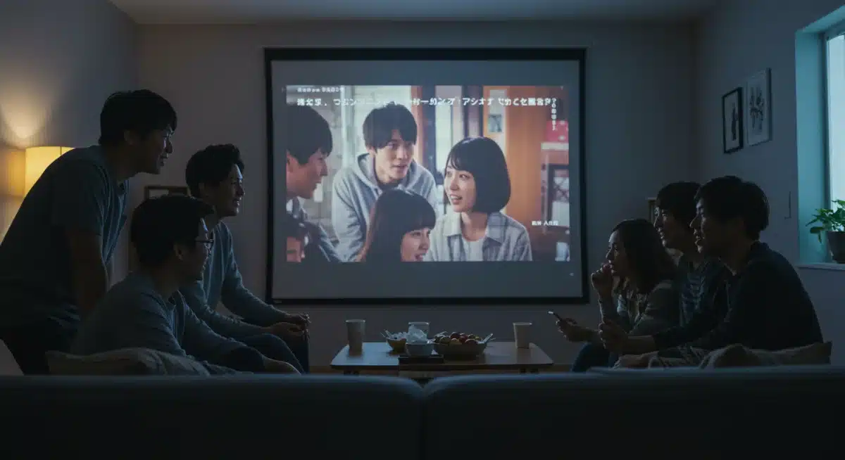 Friends enjoying a J-Drama together on a large screen in a modern living room, highlighting shared viewing experiences.