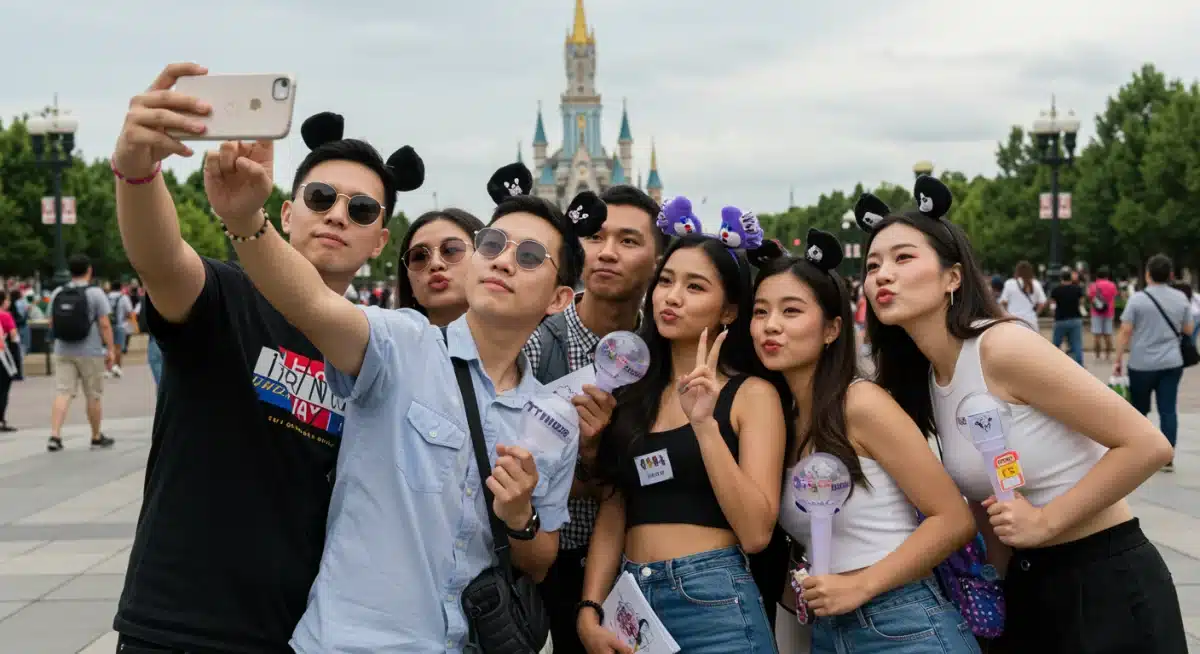 K-Pop fans posing at a US landmark, showcasing integrated fan culture and tourism.