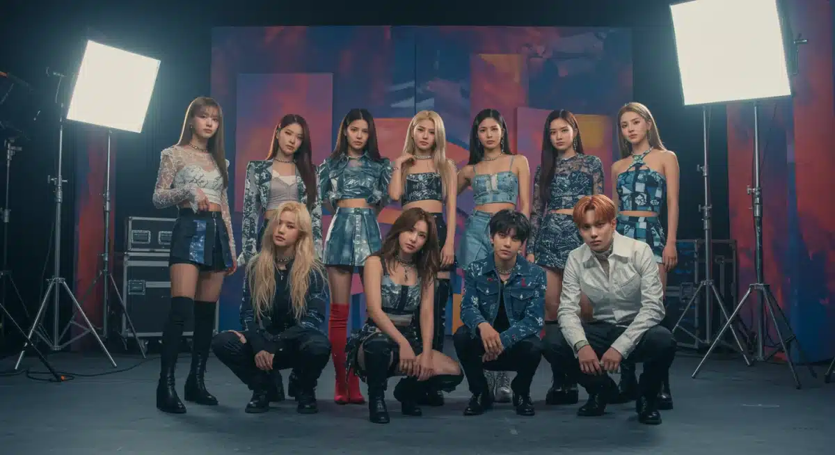 K-Pop group posing in futuristic outfits on a vibrant set, showcasing comeback anticipation.
