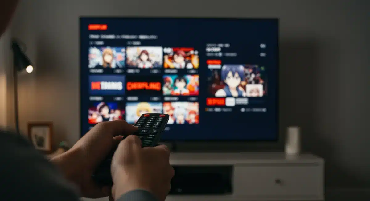 Person navigating multiple streaming platforms for anime on a television screen, illustrating content fragmentation.