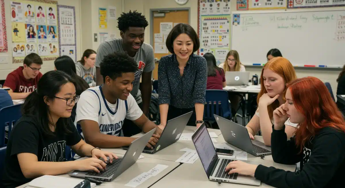 Diverse high school students working together on a Korean language project.