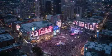 Vibrant US city skyline with K-Pop and Dorama cultural influences, signifying economic growth from tourism.